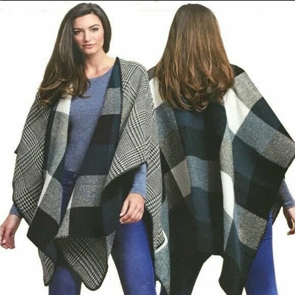 Woolrich Reversible Blanket Wrap Poncho Grey Plaid One Size (#5)